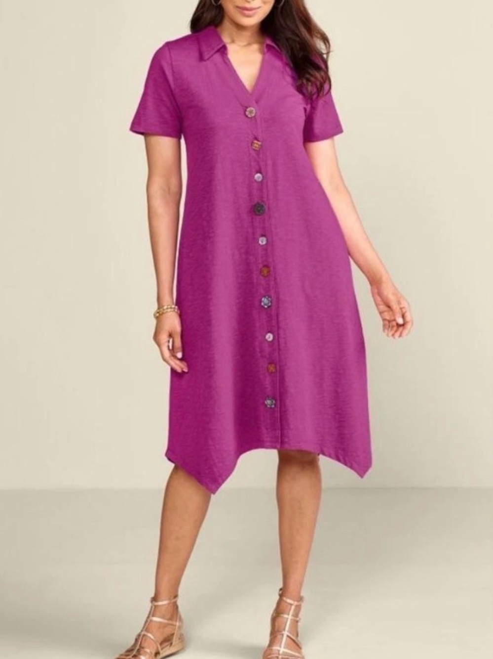 Button-Front Short Sleeve Dress in vivid viola